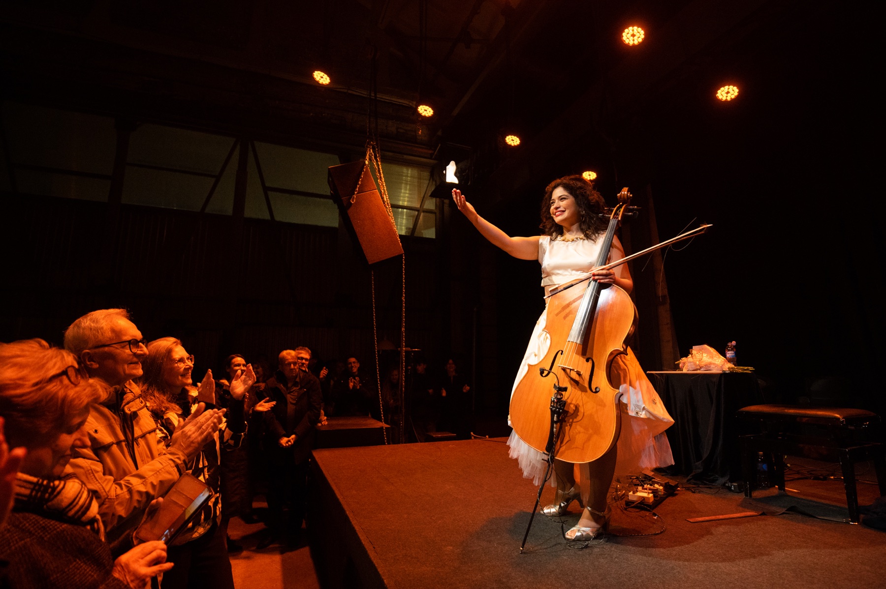 Teatrinis violončelės pasirodymas scenoje